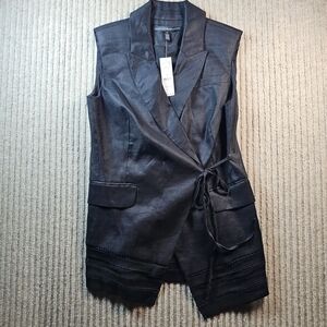 White House Black Market Women's Linen Blend Wrap Vest Black Crochet Trim Size 0